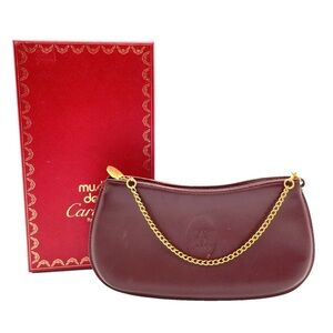 Auth Cartier Must Line GD Leather Bordeaux Chain Pouch W/Box Cartier Clutch